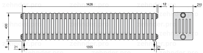 Схема (чертеж) Радиатор Zehnder Charleston 6040/31 №5310 Белый глянцевый RAL 9016